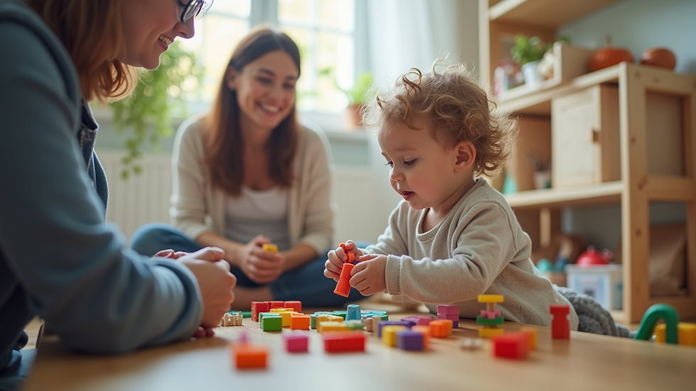Eye-level view of a speech therapy session with a therapist and a child using toys