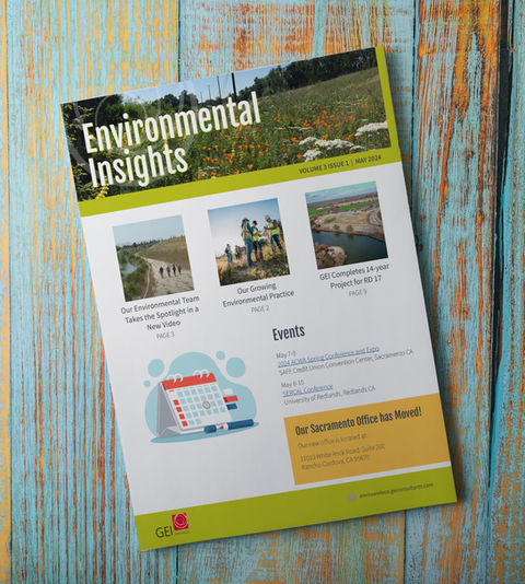 A newsletter titled "Environmental Insights" from May 2024 placed on a rustic blue and orange wooden surface, highlighting environmental team updates, project news, upcoming events, and a notice about the Sacramento office relocation, published by GEI Consultants.