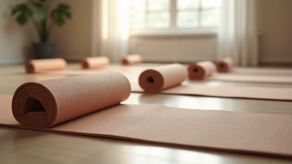 Close-up view of yoga mats and props neatly arranged in a corporate wellness room