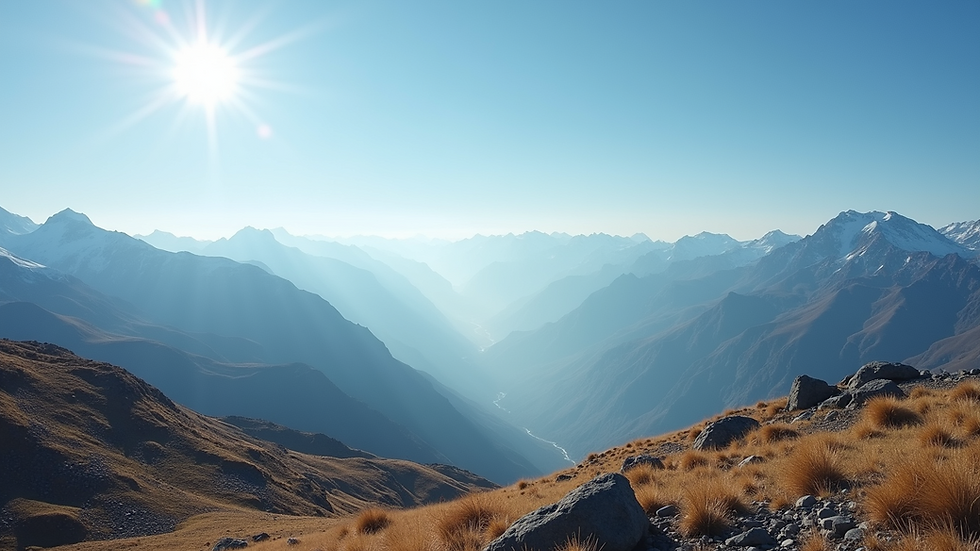 Wide angle view of a vast mountain landscape under a clear blue sky