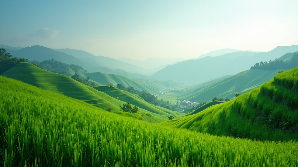Wide angle view of lush green hills in Tay Nguyen