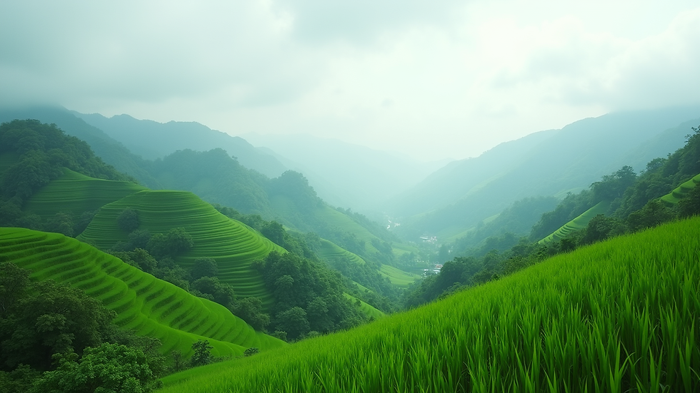Wide angle view of lush green hills in Lam Dong