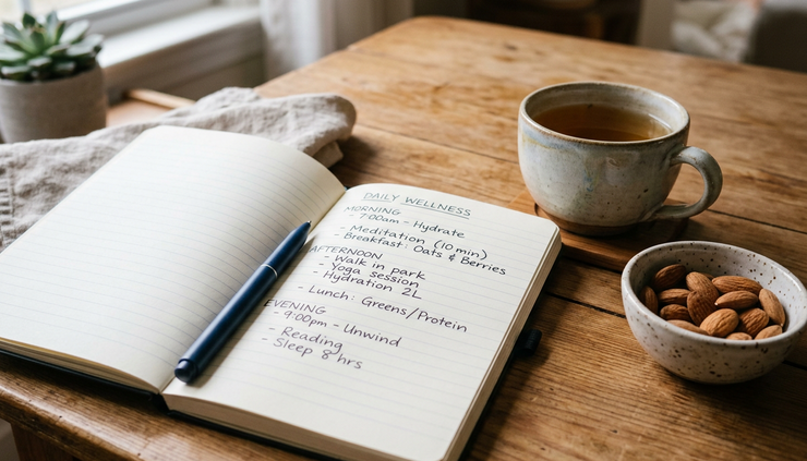 Close-up of a handwritten wellness plan beside a cup of herbal tea