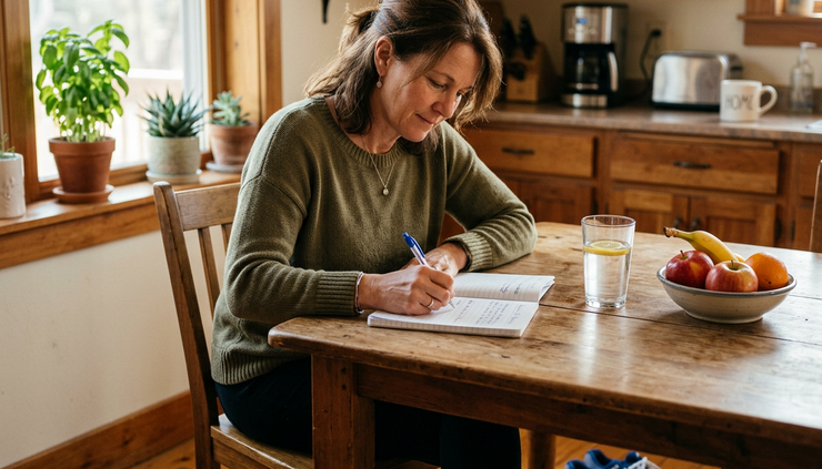 Eye-level view of a person writing wellness notes beside a glass of water and running shoes