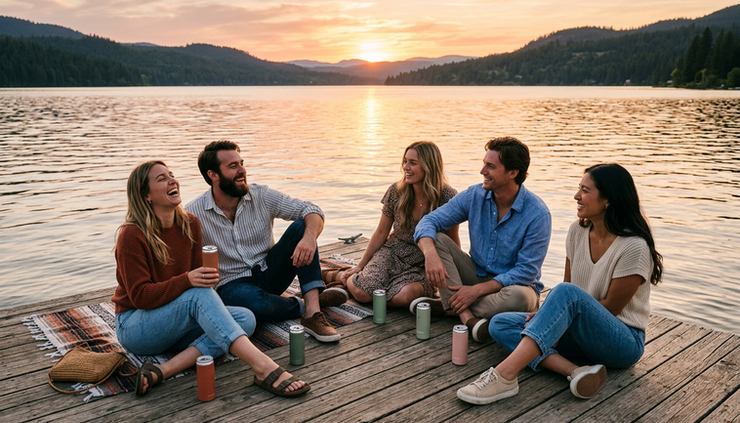 Wide-angle view of friends sitting on a dock with sparkling drinks at sunset.