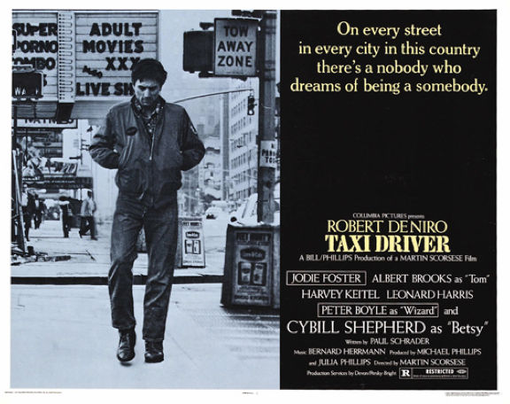Taxi Driver (Directed by Martin Scorsese; Columbia, 1976) features Robert DeNiro as the now-iconic disturbed Vietnam veteran, Travis Bickle