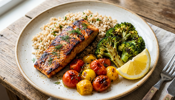Close-up of a balanced meal with salmon, brown rice, roasted broccoli, and lemon on a ceramic plate