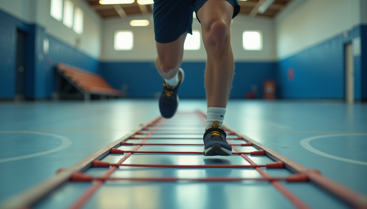 Close-up view of a young athlete performing agility ladder drills on a gym floor