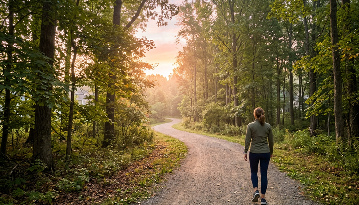 Wide-angle view of a person walking on a quiet trail at sunrise