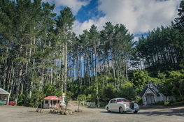 Lake Hill Estate chapel surrounded by tall pine trees with a vintage wedding car parked outside