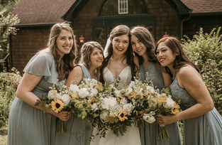 Bride and bridesmaids holding flower bouquets