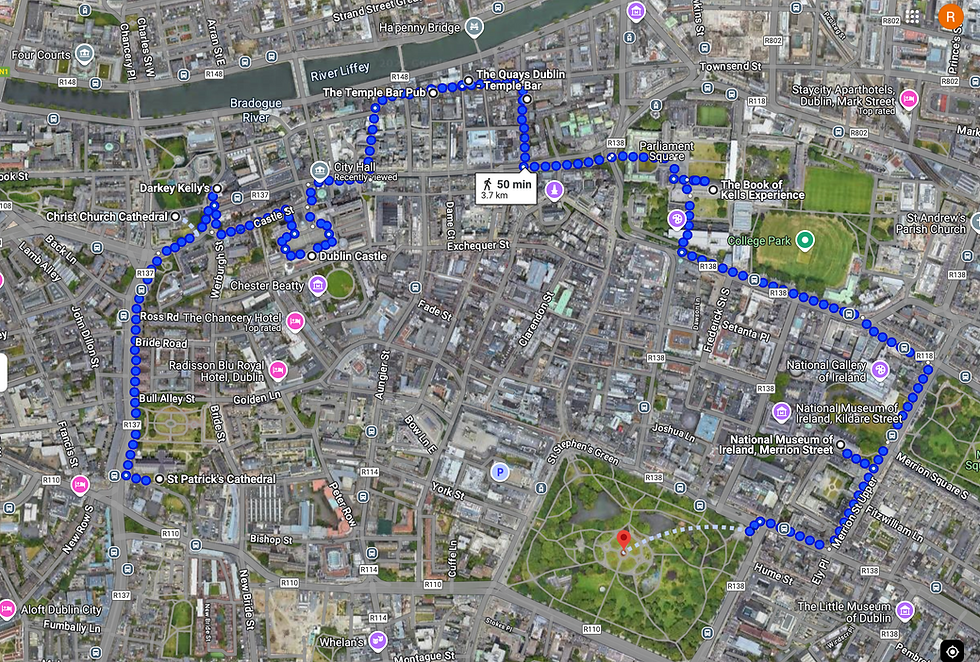 Dublin Map of Free Walking Tour. Credit: Google Maps