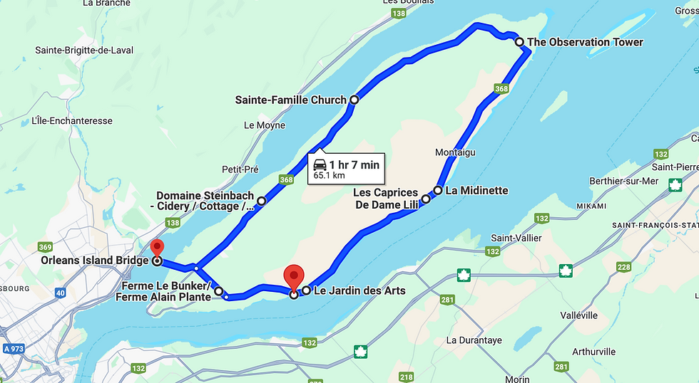 ILE D’ORLEANS MAP OF ITINERARY WITH FAVORITE STOPS; Credit: Google Maps