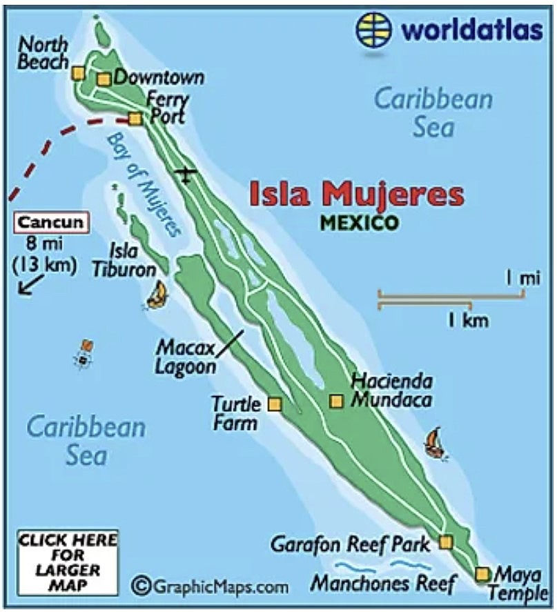 Map Isla Mujeres | Credit: worldatlas.com | Cancun day trip to isla mujeres