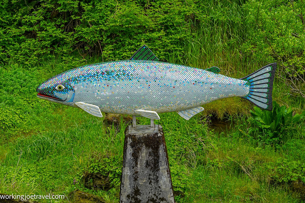 Yeltatzie Salmon Statue on the Salmon Ladder on Creek Street Ketchikan Alaska