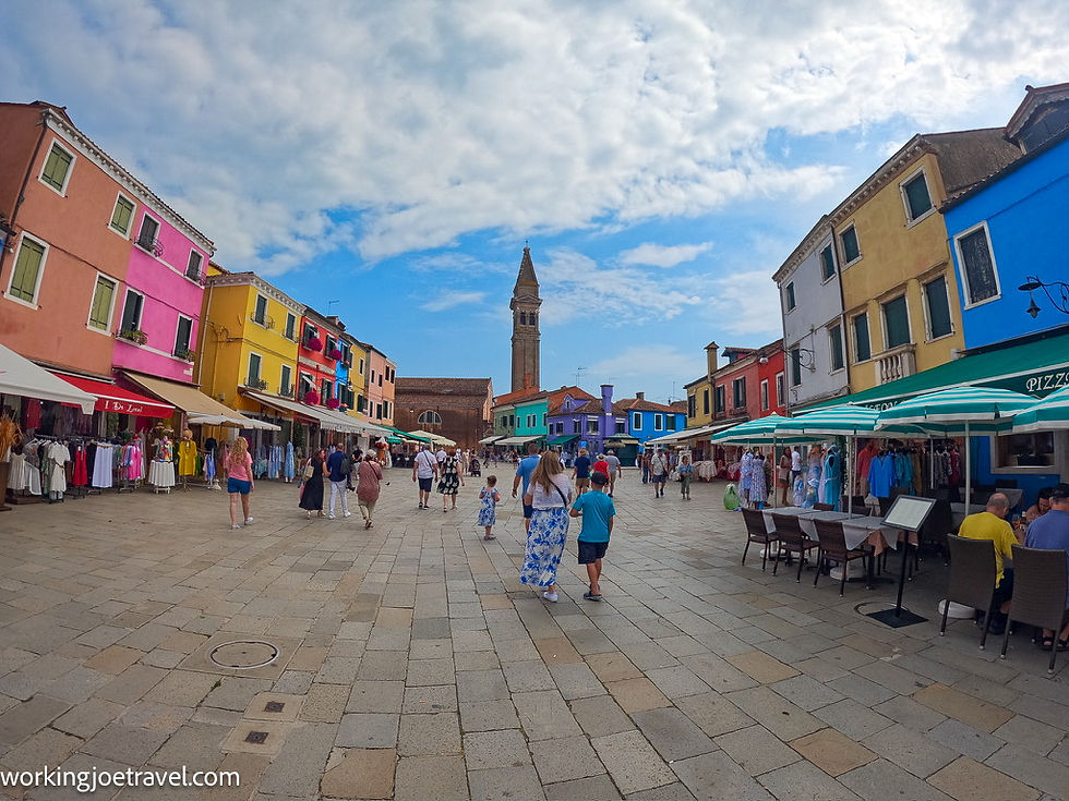Piazza Galuppi & Leaning Tower of Burano in the Venetian Island, Italy