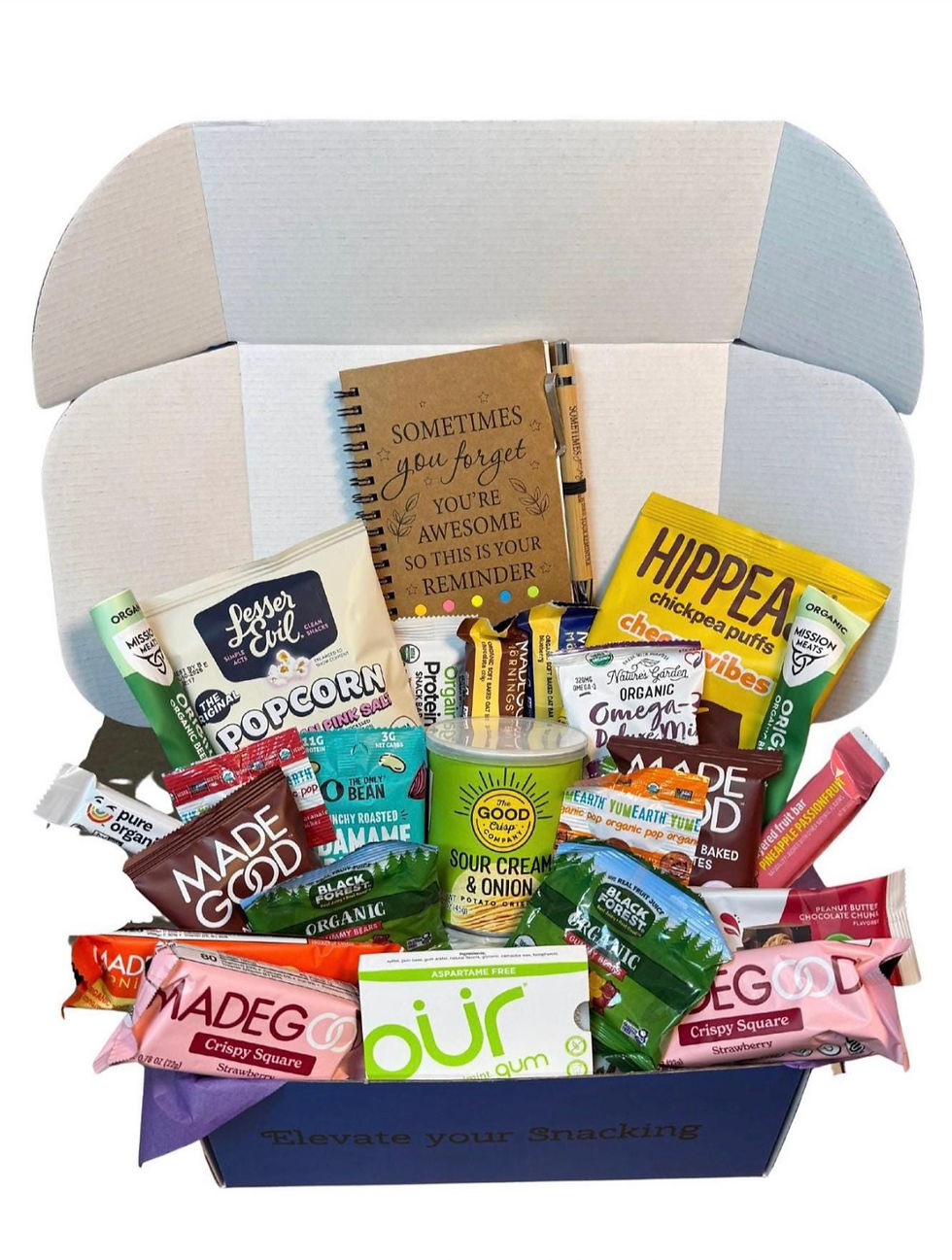 Positivity Pack care package filled with better-for-you snacks and cheerful gifts to brighten someone’s day