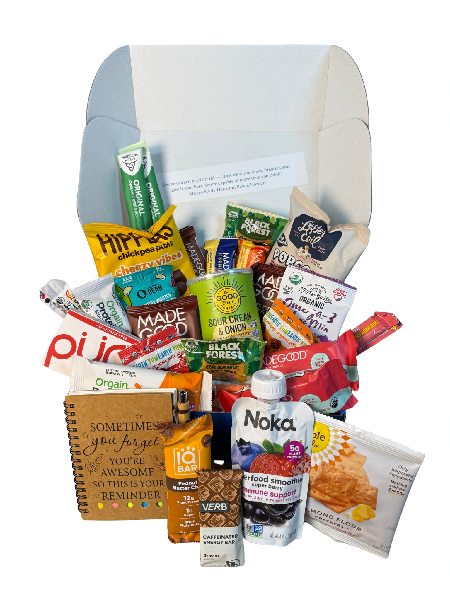 healthy college finals snack box care package. organic snacks to sustain energy for studying