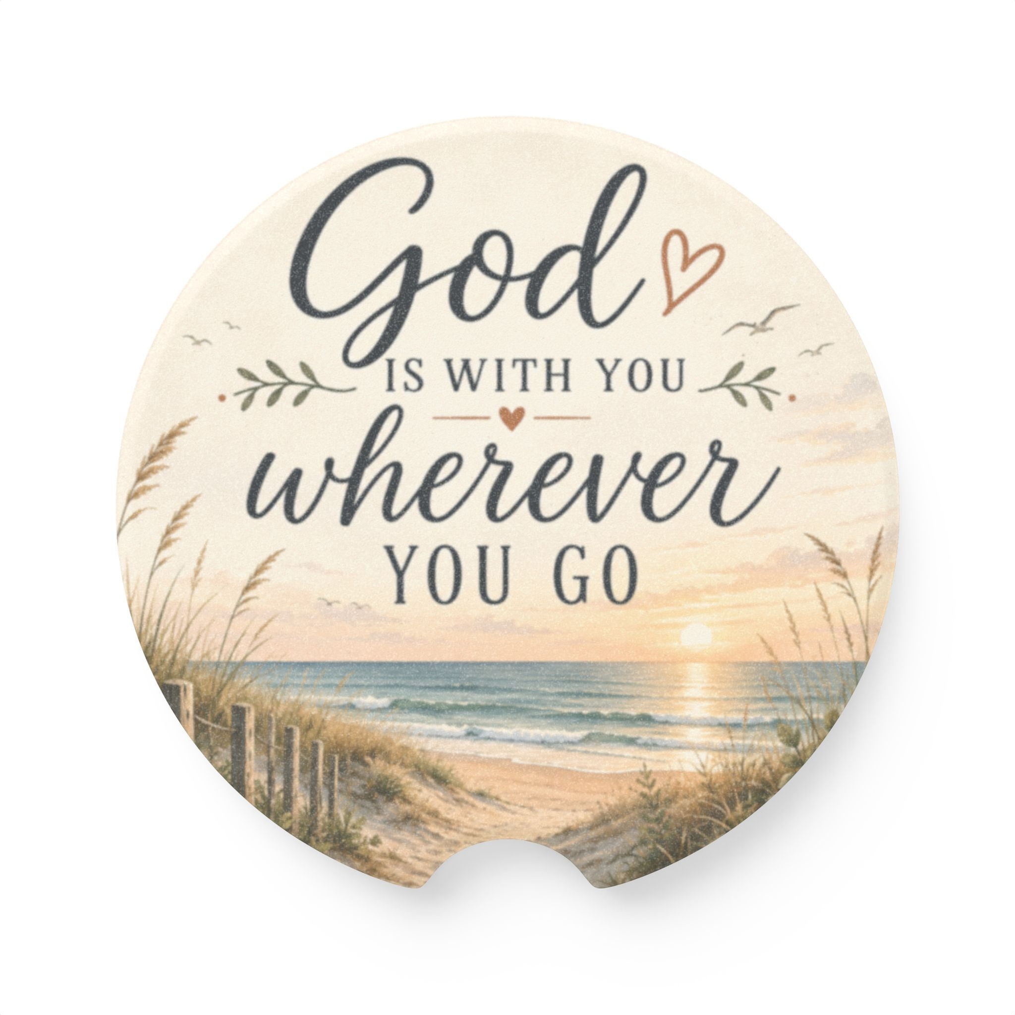 A round soapstone car coaster that brings a gentle, faith-filled calm to your daily drive.
