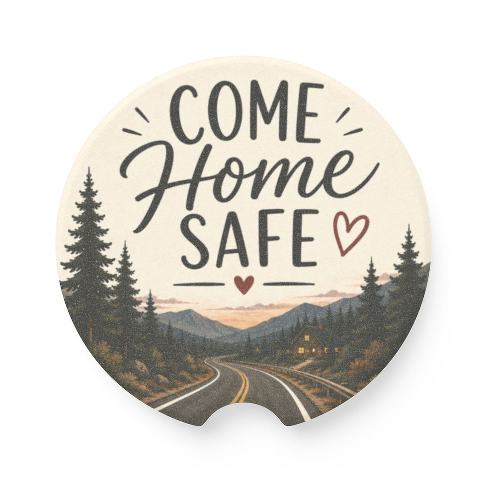 A small, tactile soapstone coaster that carries a warm, road-trip sentiment.