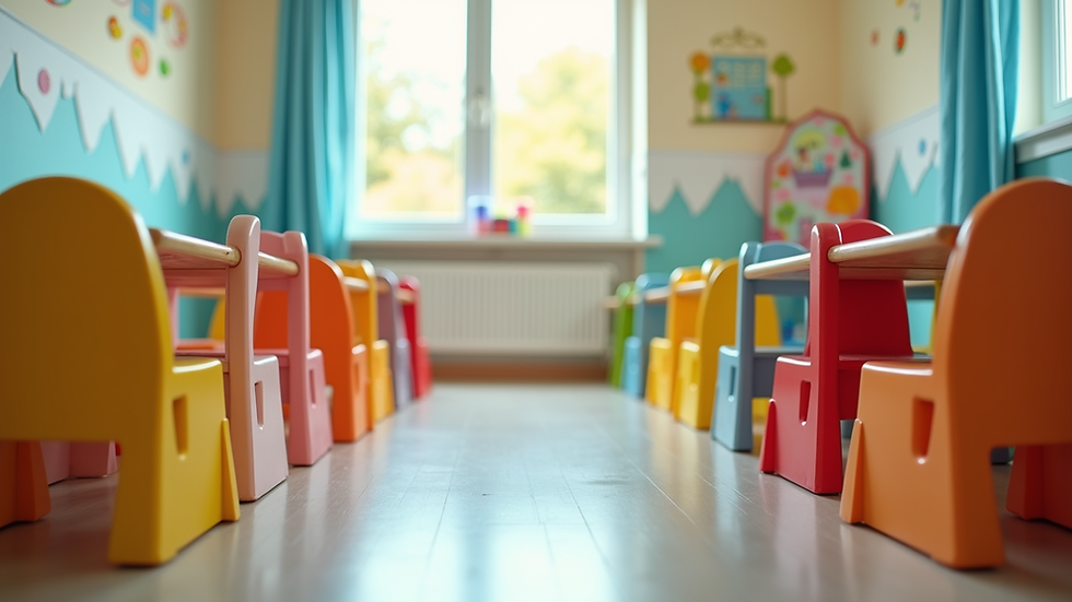 Eye-level view of a colorful preschool classroom with child-sized furniture