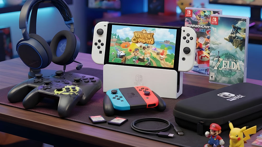 crie uma imagme de acessorio de viideogame controles, fone de ouvido, console switch.jpg