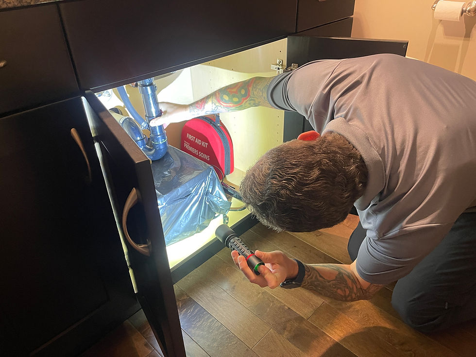 Eye-level view of a home inspector examining a house exterior