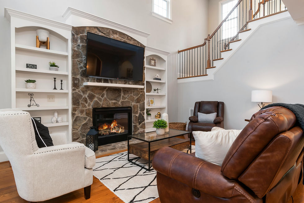 white living room with fireplace