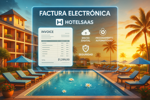 SE ve un hotel con hamacas y un mensaje que pone factura electrónica
