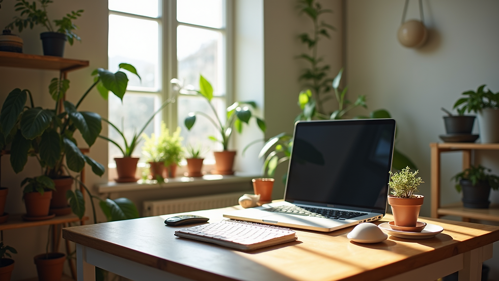 Wide angle view of a cozy home workspace with plants and natural light