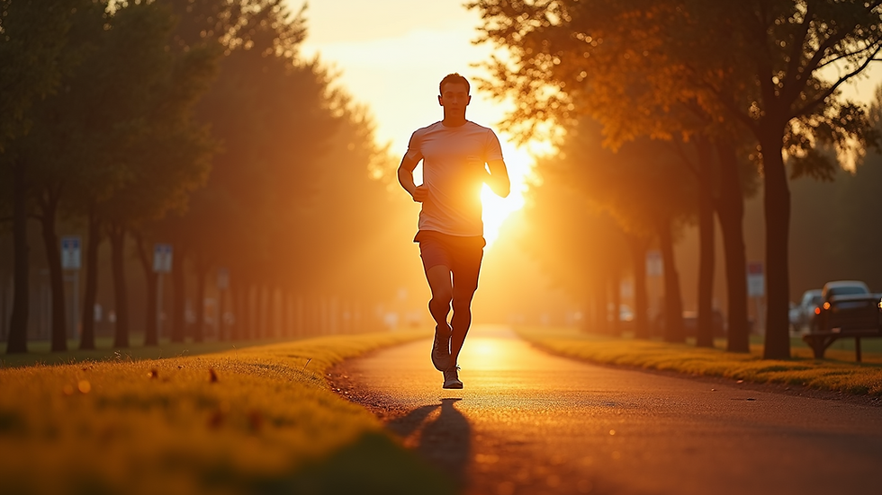Eye-level view of a person jogging in a park during sunrise