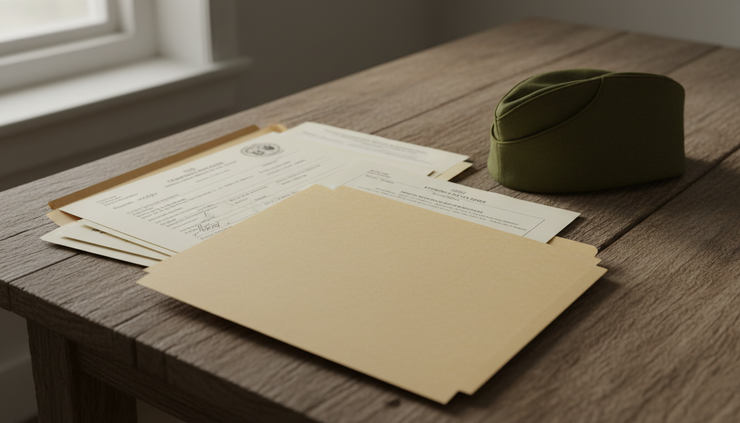 Primer plano de una carpeta con documentos militares sobre una mesa de madera rústica.