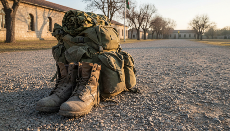 Vista a ras de suelo de unas botas militares junto a una mochila en un camino de cuartel.