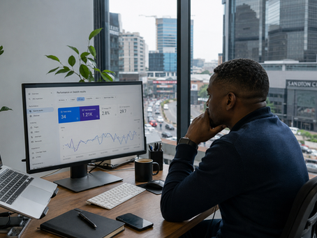 A South African business owner sits alone in a modern office looking at low website traffic and search analytics while a busy city continues outside, symbolising the challenge of being invisible online.