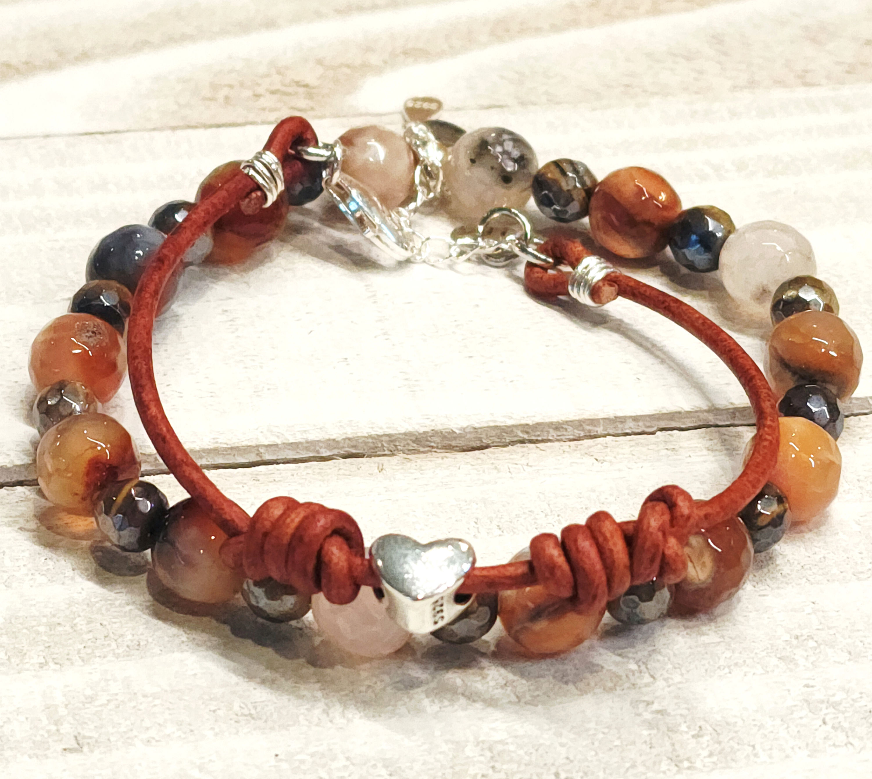 Sterling Silver Heart Charm & Gems Bracelet Stack