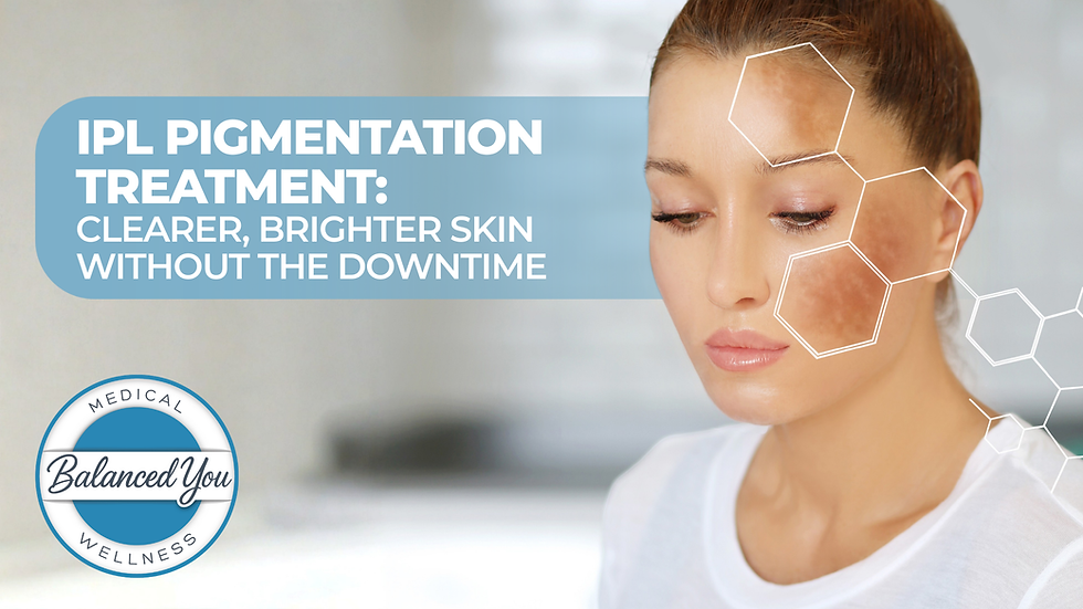 Promotional image for IPL pigmentation treatment in Omaha at Balanced You Medical Wellness showing a woman’s face with highlighted pigmentation areas and text reading ‘Clearer, Brighter Skin Without the Downtime.