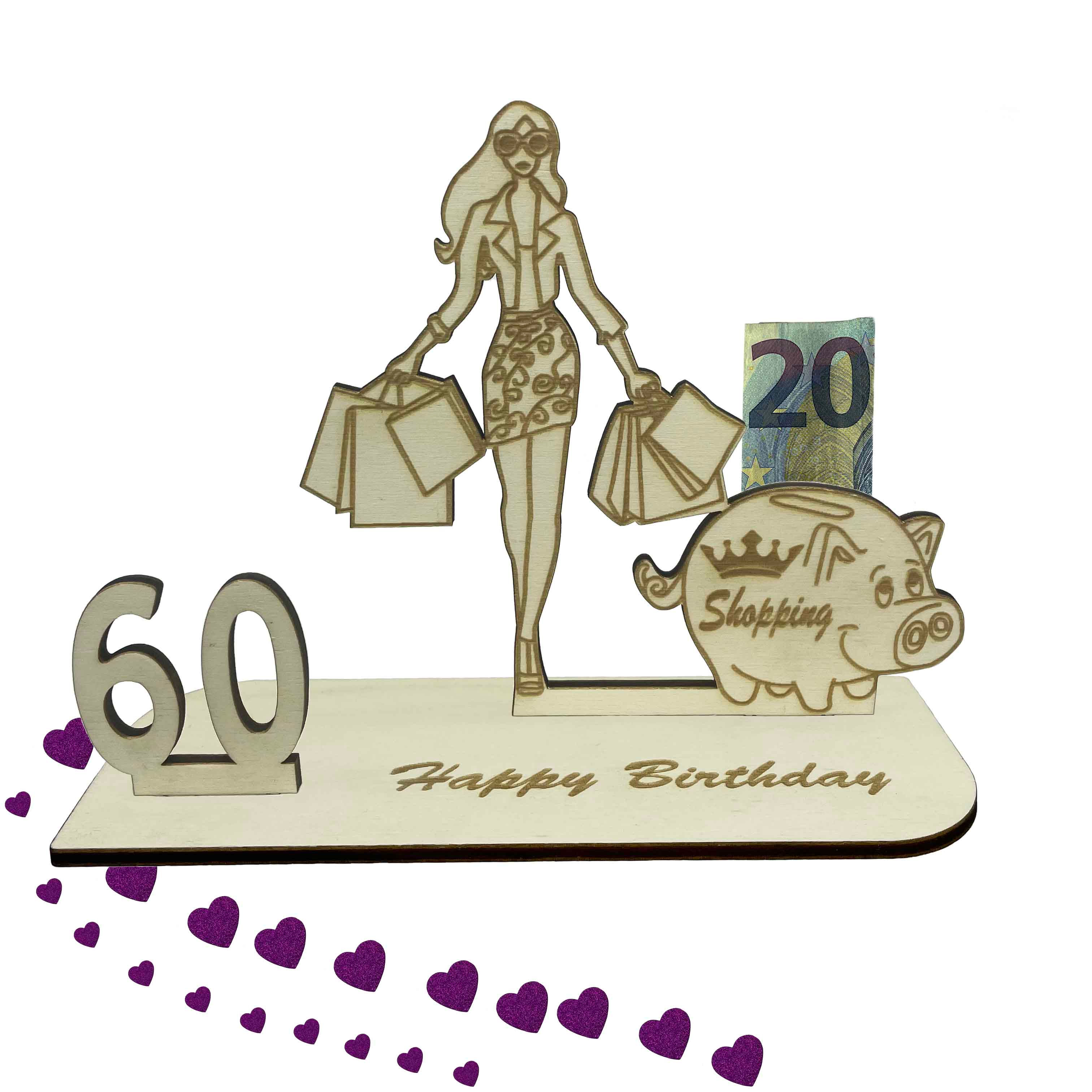 Holz-Geldgeschenk zum 60. Geburtstag für Frauen – mit stilvoller Shopping Queen Figur und Halterung zum Geld verschenken.