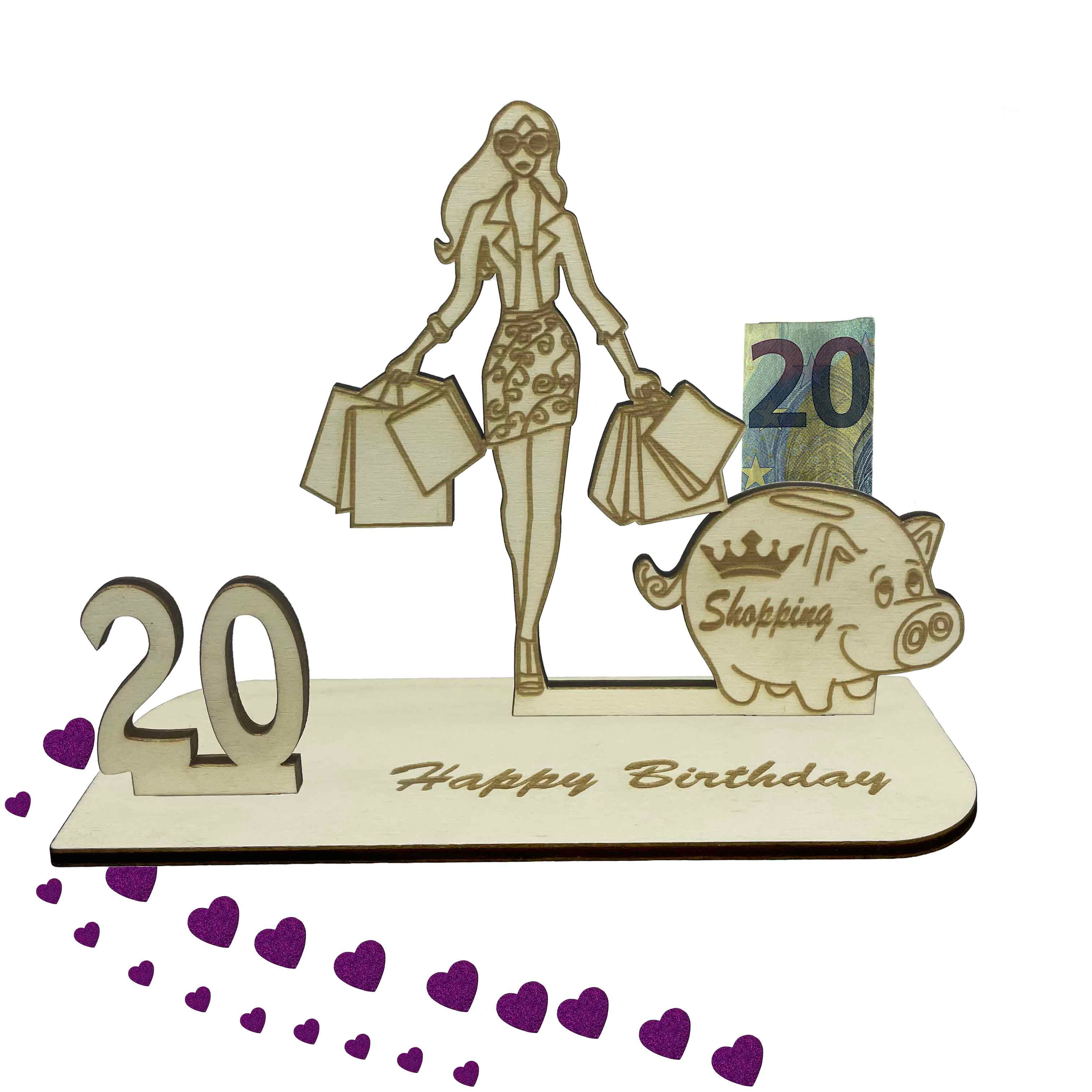 Holz-Geldgeschenk zum 20. Geburtstag für Frauen – mit stilvoller Shopping Queen Figur und Halterung zum Geld verschenken.