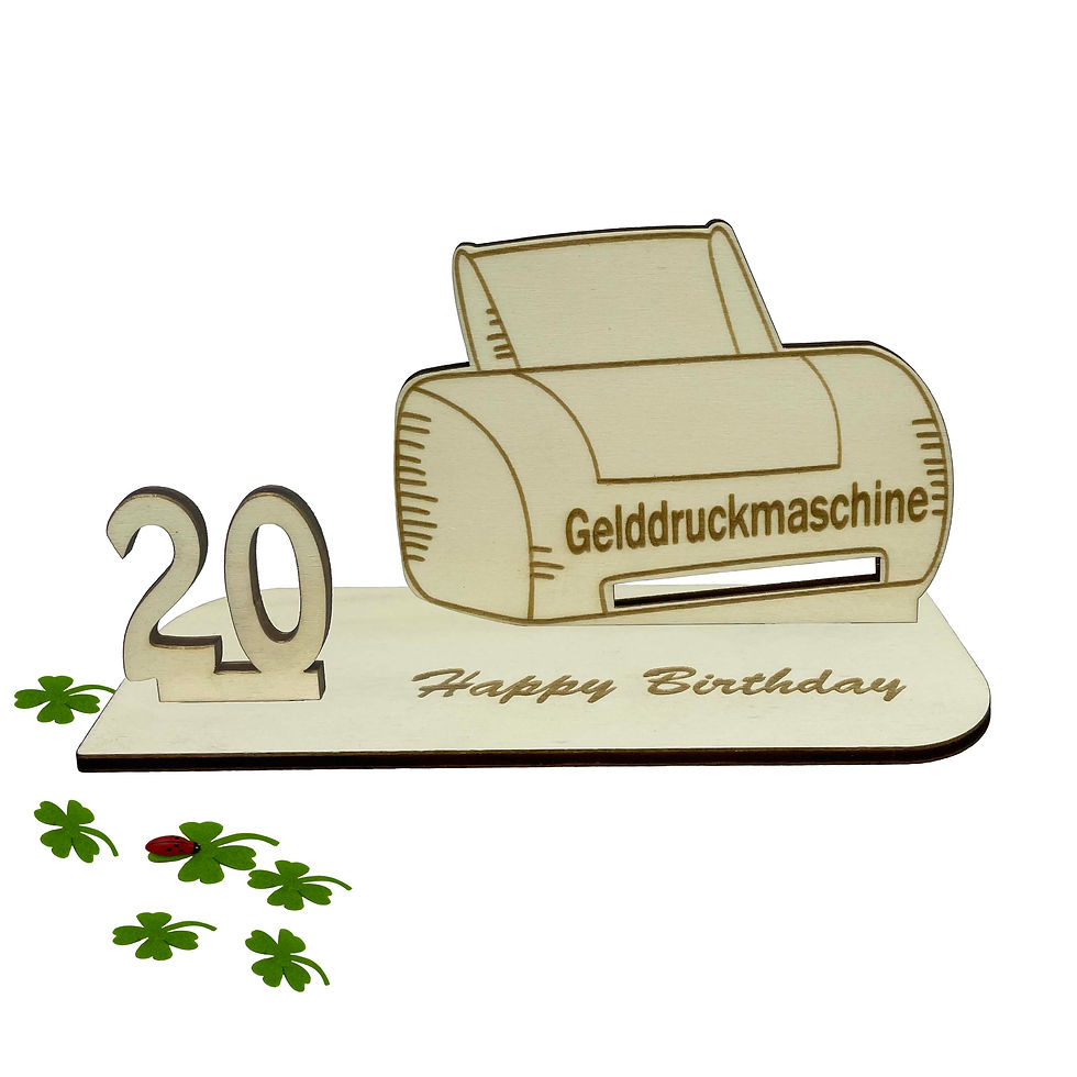 Miniaturbild: Holz-Geldgeschenk zum 20. Geburtstag mit Gelddruckmaschine und Gravur ‚Happy Birthday‘ – originelle Idee zum Geld verschenken

