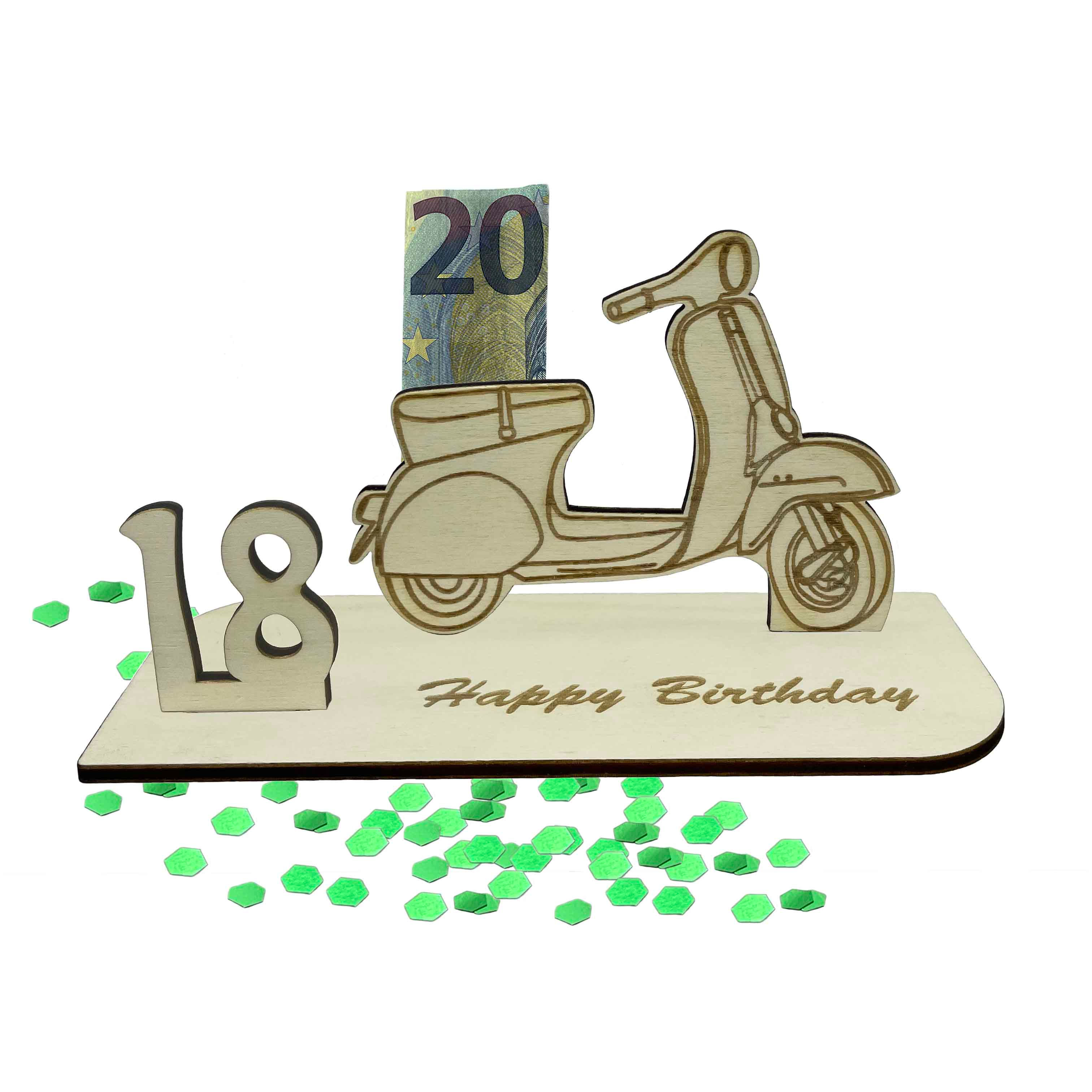 Holz-Geldgeschenk zum 18. Geburtstag mit Roller-Design im Vespa-Stil, Gravur ‚Happy Birthday‘ – kreative Idee zum Geld verschenken.