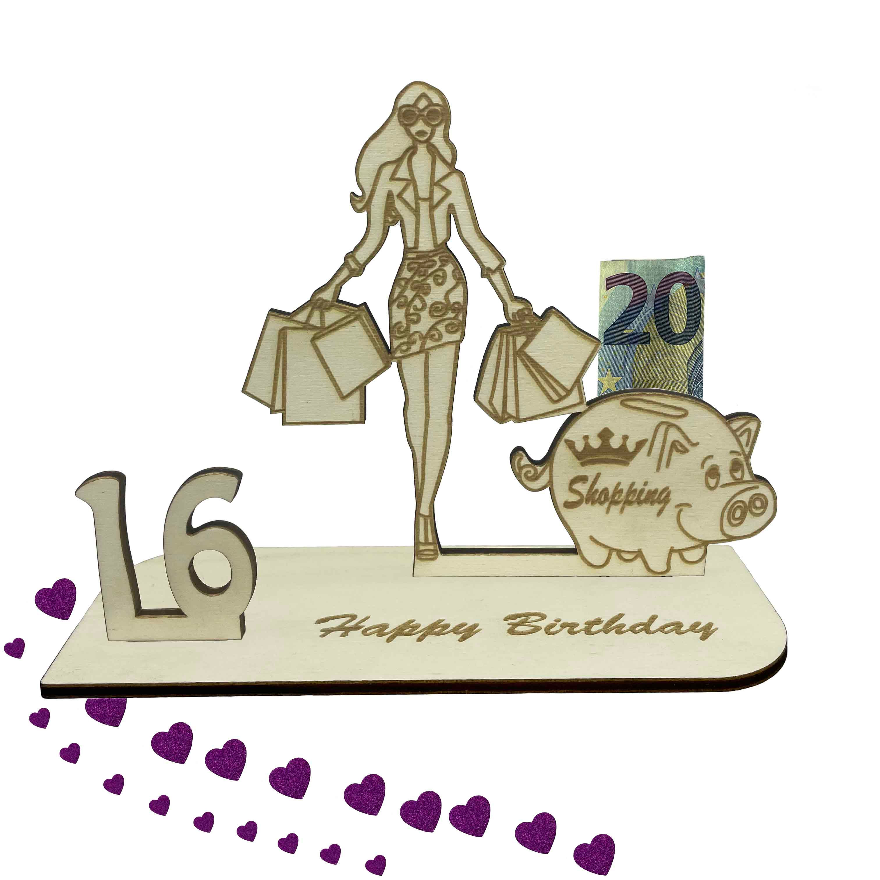 Holz-Geldgeschenk zum 16. Geburtstag für Frauen – mit stilvoller Shopping Queen Figur und Halterung zum Geld verschenken.