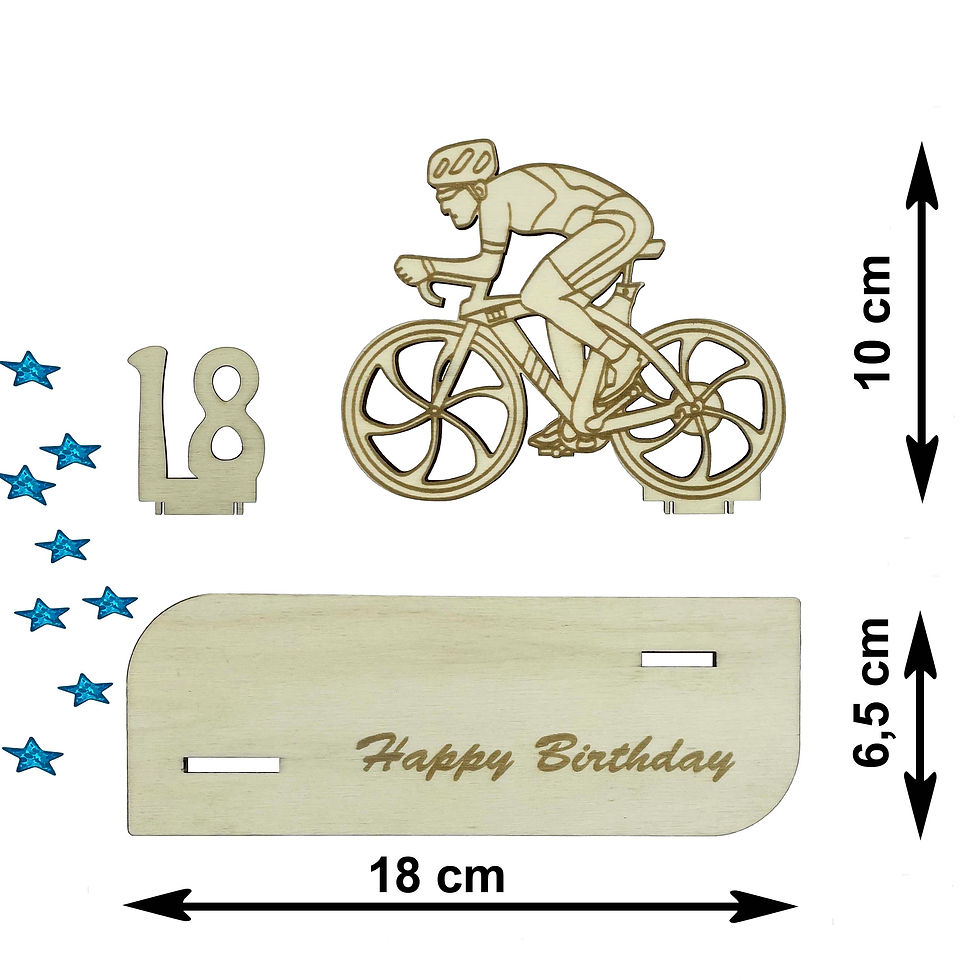 Holz-Geldgeschenk-Bausatz zum 18. Geburtstag mit Rennradfahrer-Motiv und Gravur ‚Happy Birthday‘ – Maße: 18 × 6,5 × 10 cm
