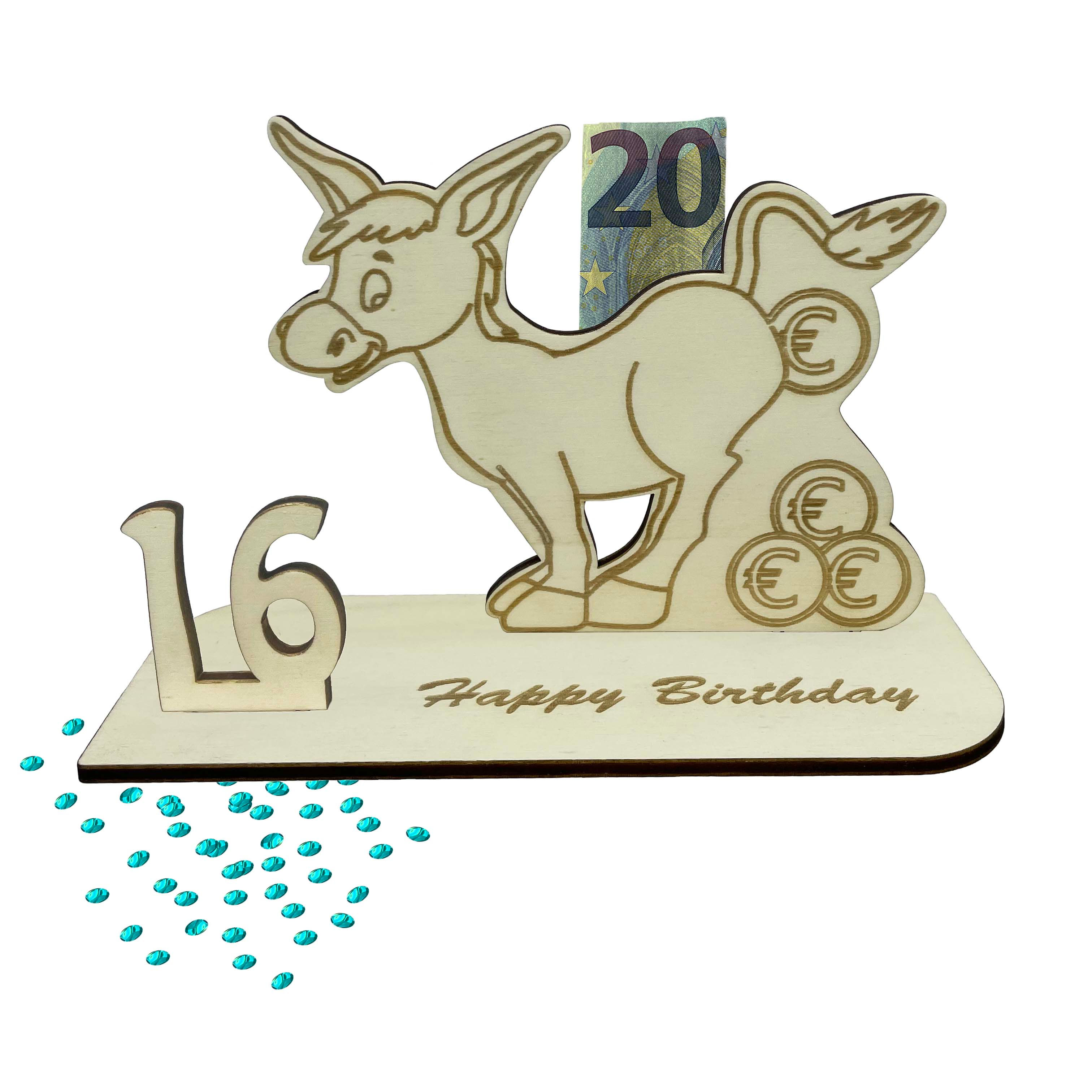 Holz-Geldgeschenk zum 16. Geburtstag mit Goldesel-Motiv, Gravur ‚Happy Birthday‘ mit Befestigung für Geldschein – lustige Geschenkidee.