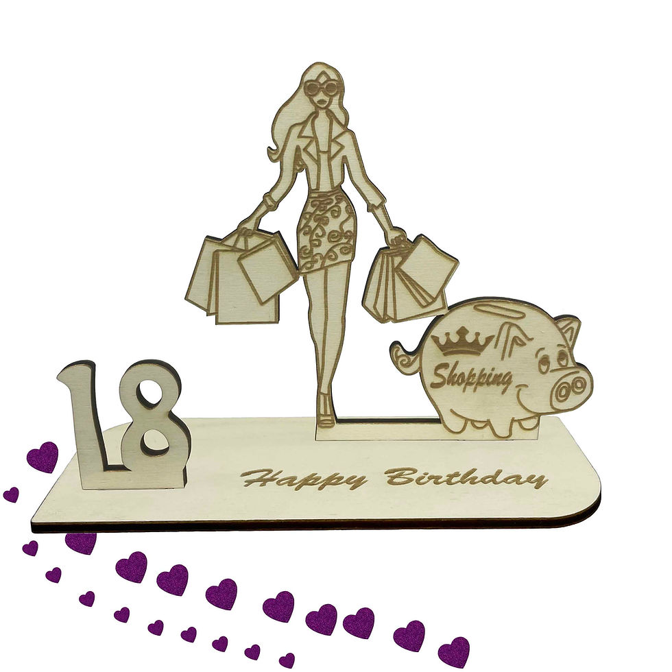 Miniaturbild: Holz-Geldgeschenk zum 18. Geburtstag mit Shopping Queen, Sparschwein und ‚Happy Birthday‘ Gravur – ideal für Frauen.
