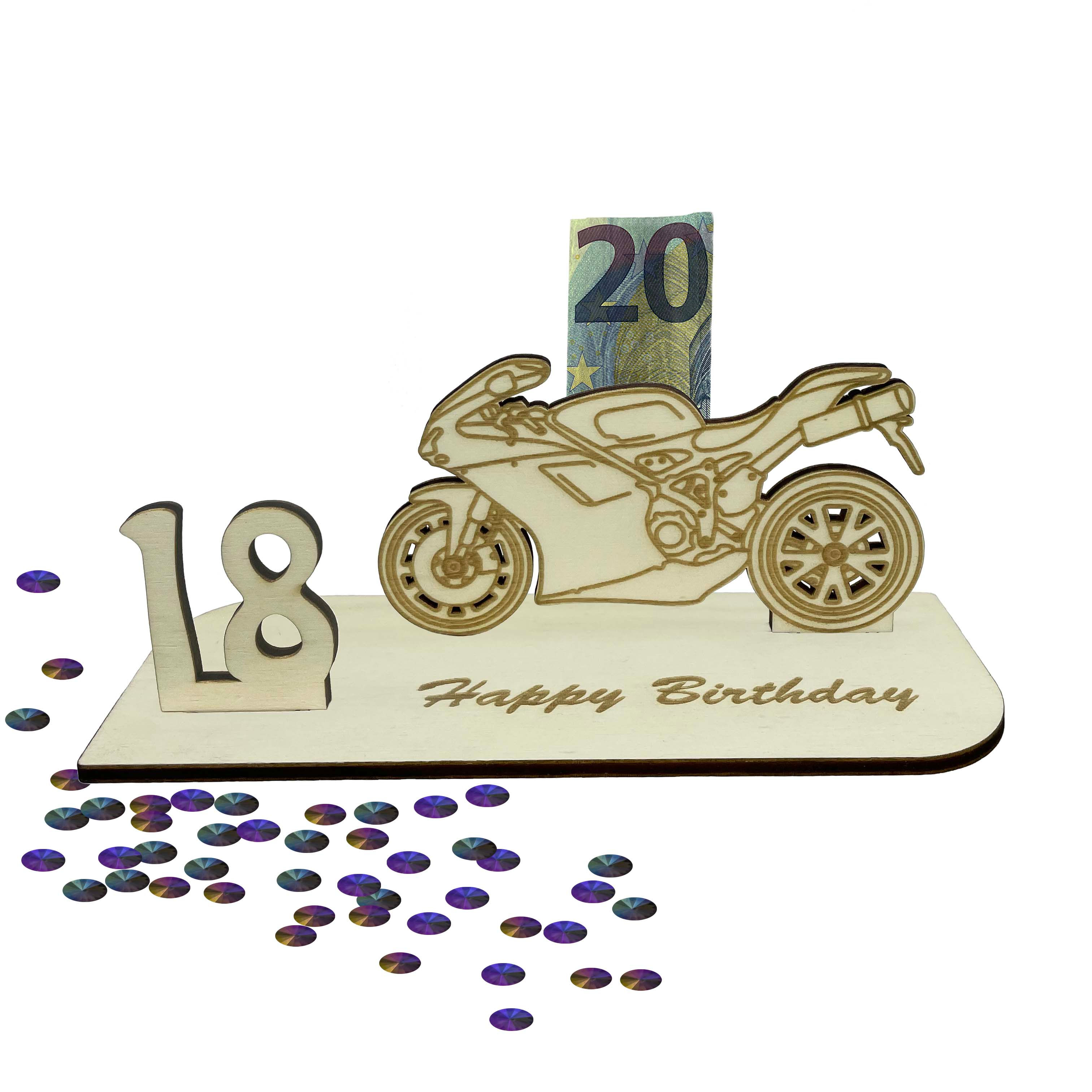 Holzaufsteller mit Motorrad und Geldschein Befestigung zum 18. Geburtstag - Kreatives Geburtstagsgeschenk für Biker