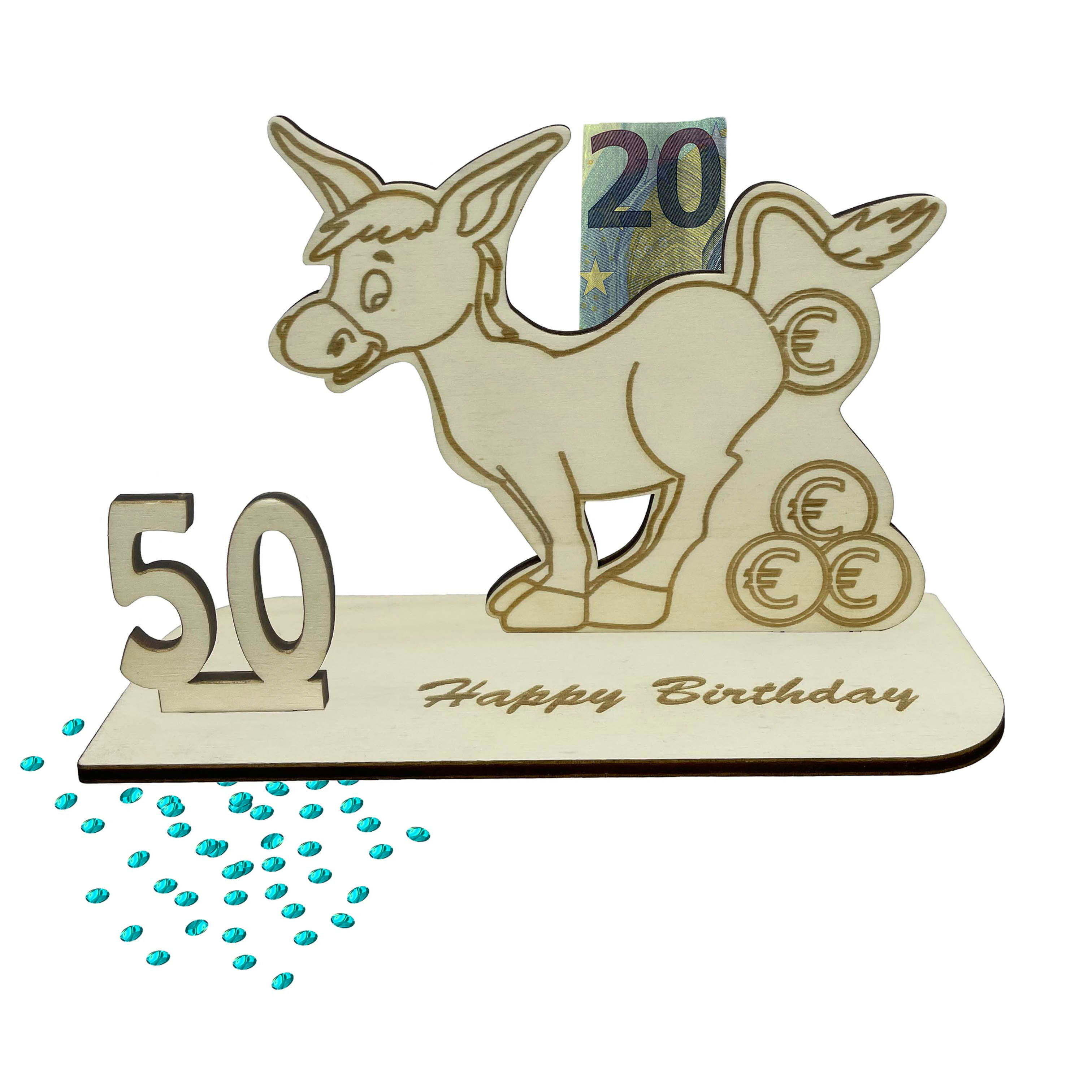 Holz-Geldgeschenk zum 50. Geburtstag mit Goldesel-Motiv, Gravur ‚Happy Birthday‘ mit Befestigung für Geldschein – lustige Geschenkidee.