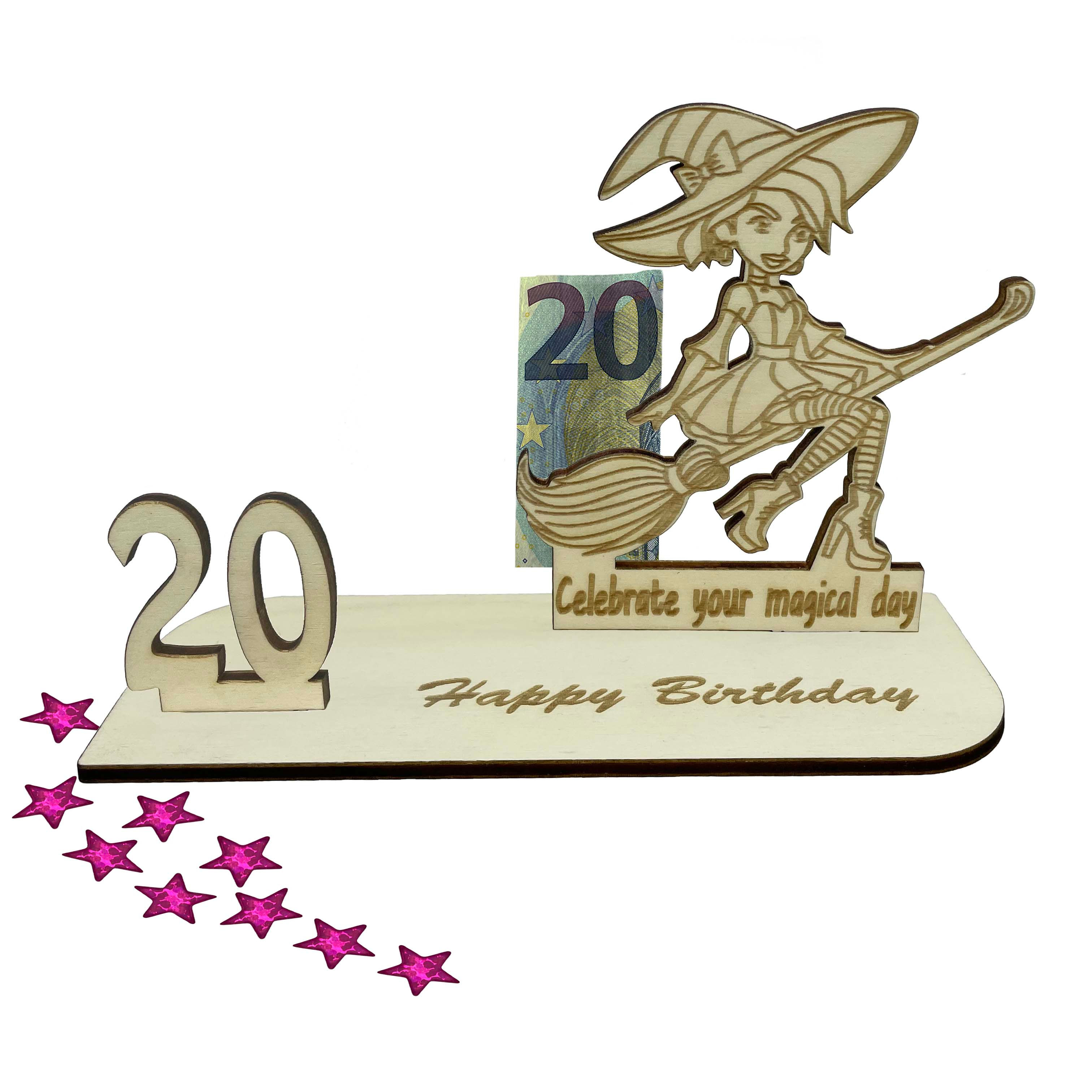 Holz-Geldgeschenk zum 20. Geburtstag mit kleiner Hexe, Gravur ‚Celebrate your magical day‘ und Geldscheinhalter – magisches Geburtstagsgeschenk