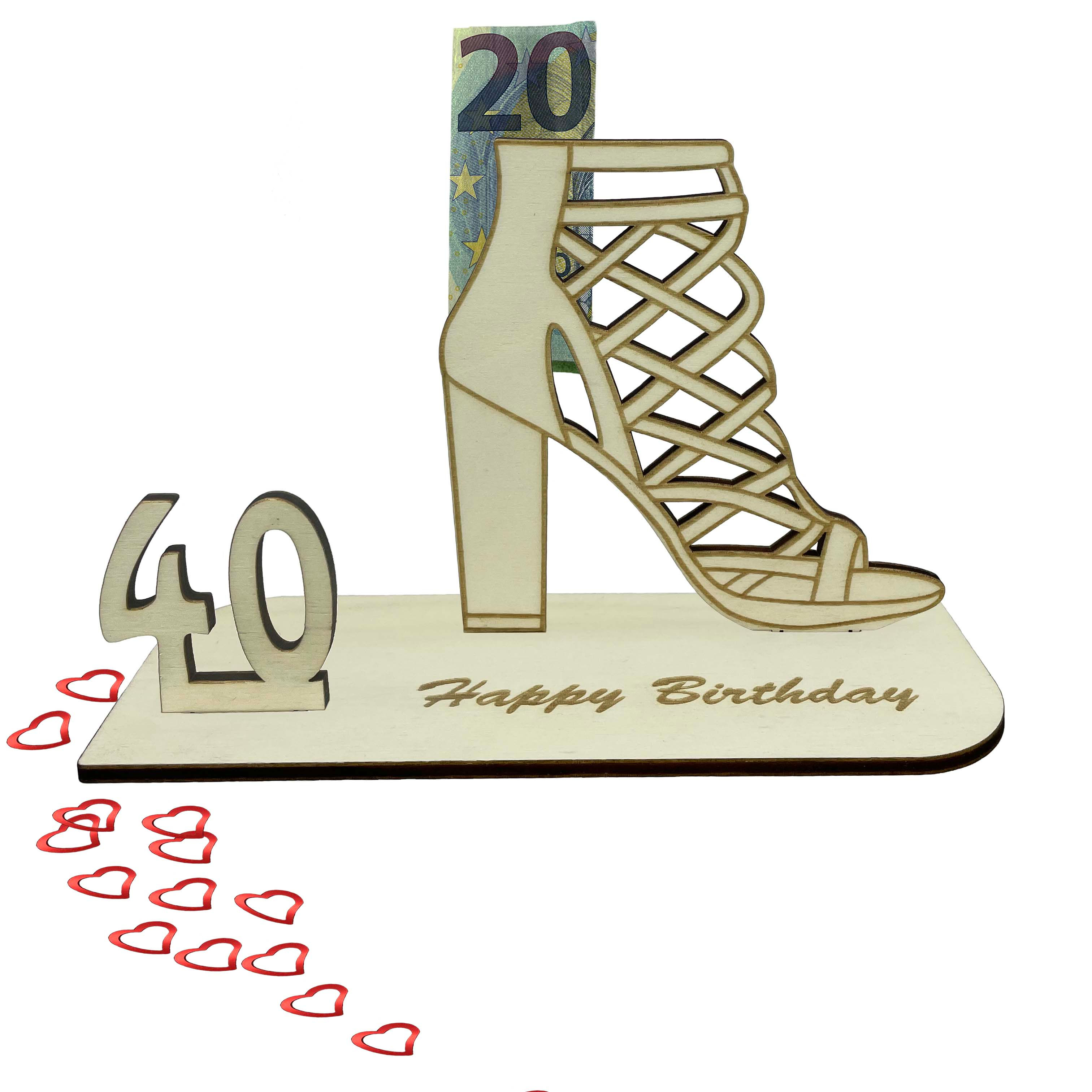 Holz-Geldgeschenk zum 40. Geburtstag mit High Heel und Gravur ‚Happy Birthday‘, inklusive Geldscheinhalter.