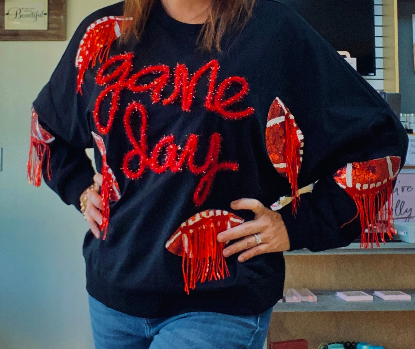 Game day glitter and fringe sweater