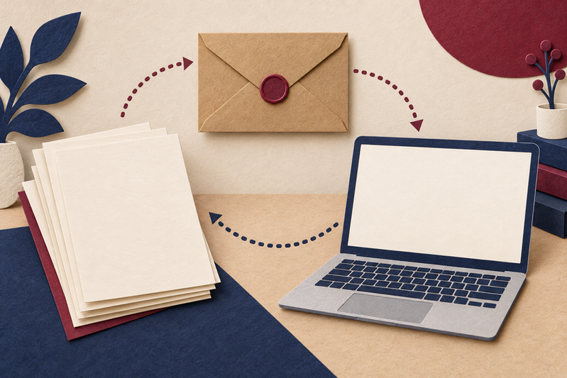 Paper collage of pages, an envelope and a laptop joined by a dotted loop